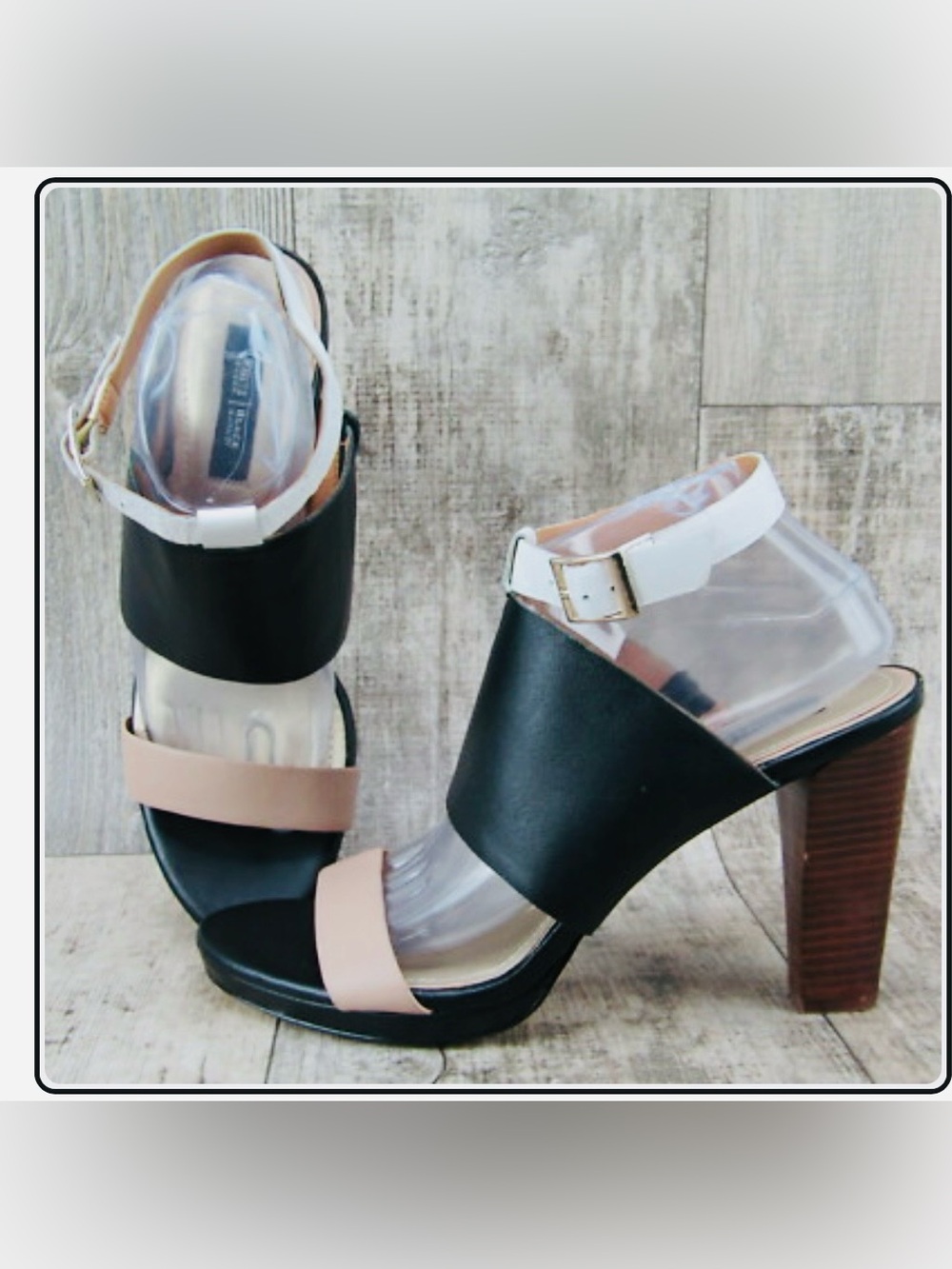White House Black Market Black and Beige Leather Block Heel Sandals - Picture 2 of 8